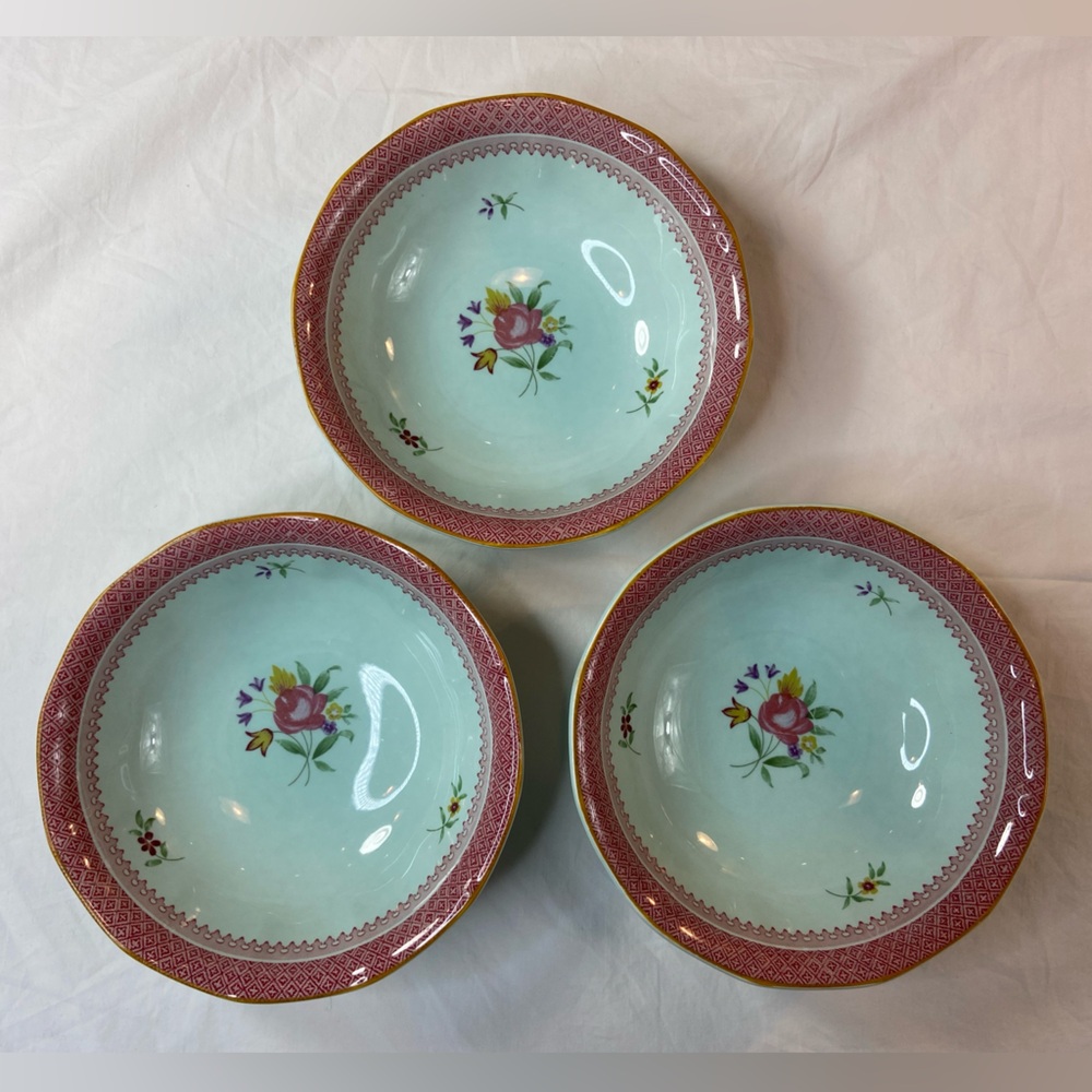 Adams Calyx Ware Lowestoft Ironstone Pink & Aqua Floral Ceramic Bowls - Set of 3